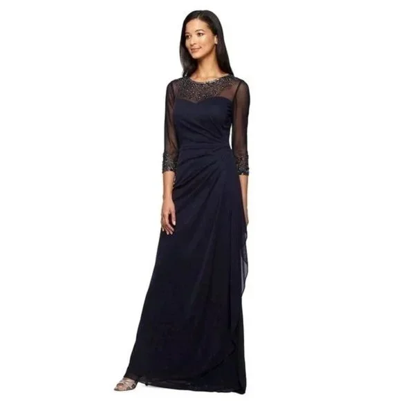 Alex Evenings | Dresses | Nwt Alex Evenings Dark Navy Illusion Embellished  Mesh Beaded Aline Gown 2